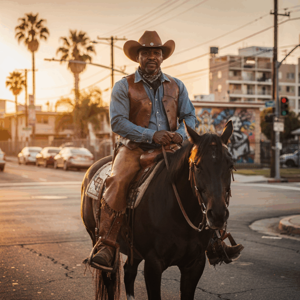 Historical photo depicting Black cowboy families in early Compton ranching community