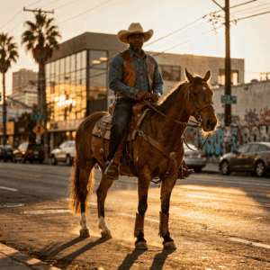 Compton cowboy on horseback in urban setting preserving Black Western heritage