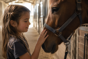 Close-up shot of a young girl gently petting a horse's nose in a barn aisle, soft natural light streaming through barn windows